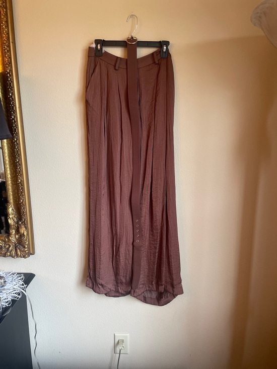 Gibson Latimer Pants - Wide Leg Belted Satin Trousers in coco brown size large fits medium
